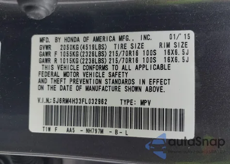 2015 Honda Cr-V Lx из США, поврежденный, VIN 5J6RM4H33FL032962